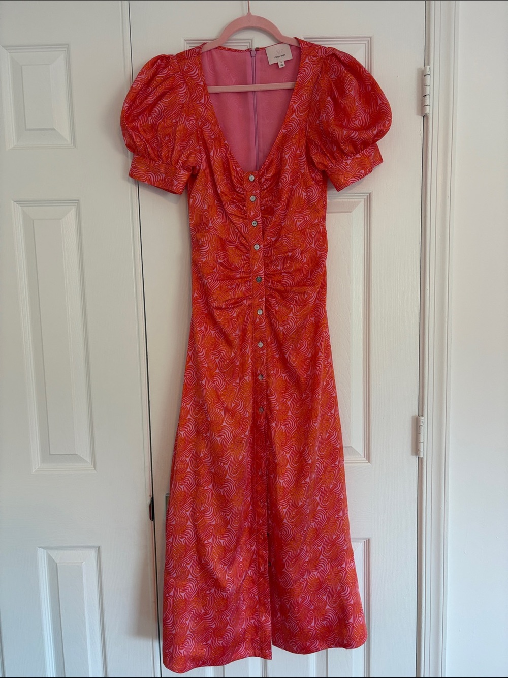 cinq a sept Coral-Orange Swirl Puff-Sleeve Midi Dress